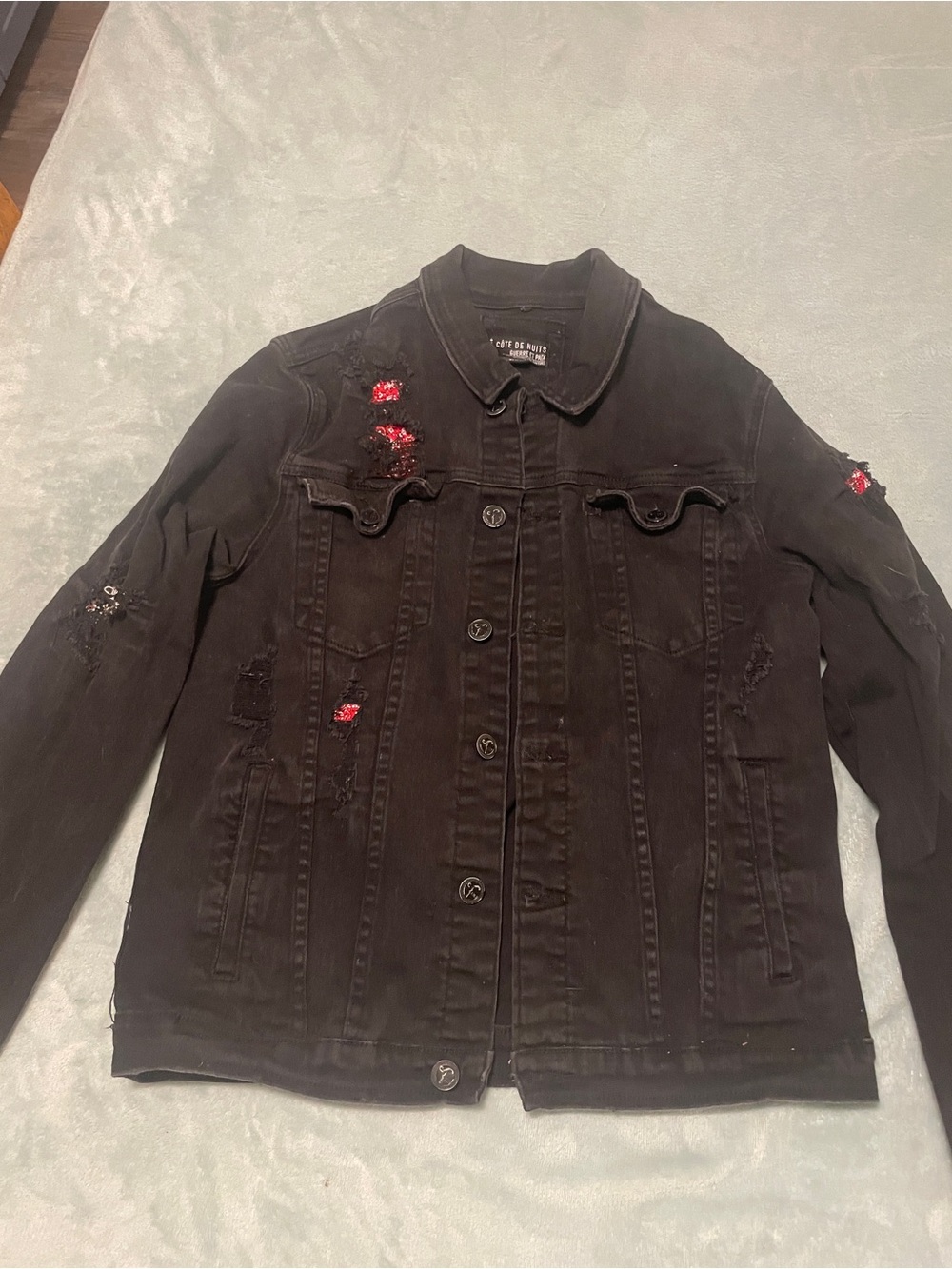 Cote De Nuits Black Distressed Denim Jacket with Red Sequin Accents XL
